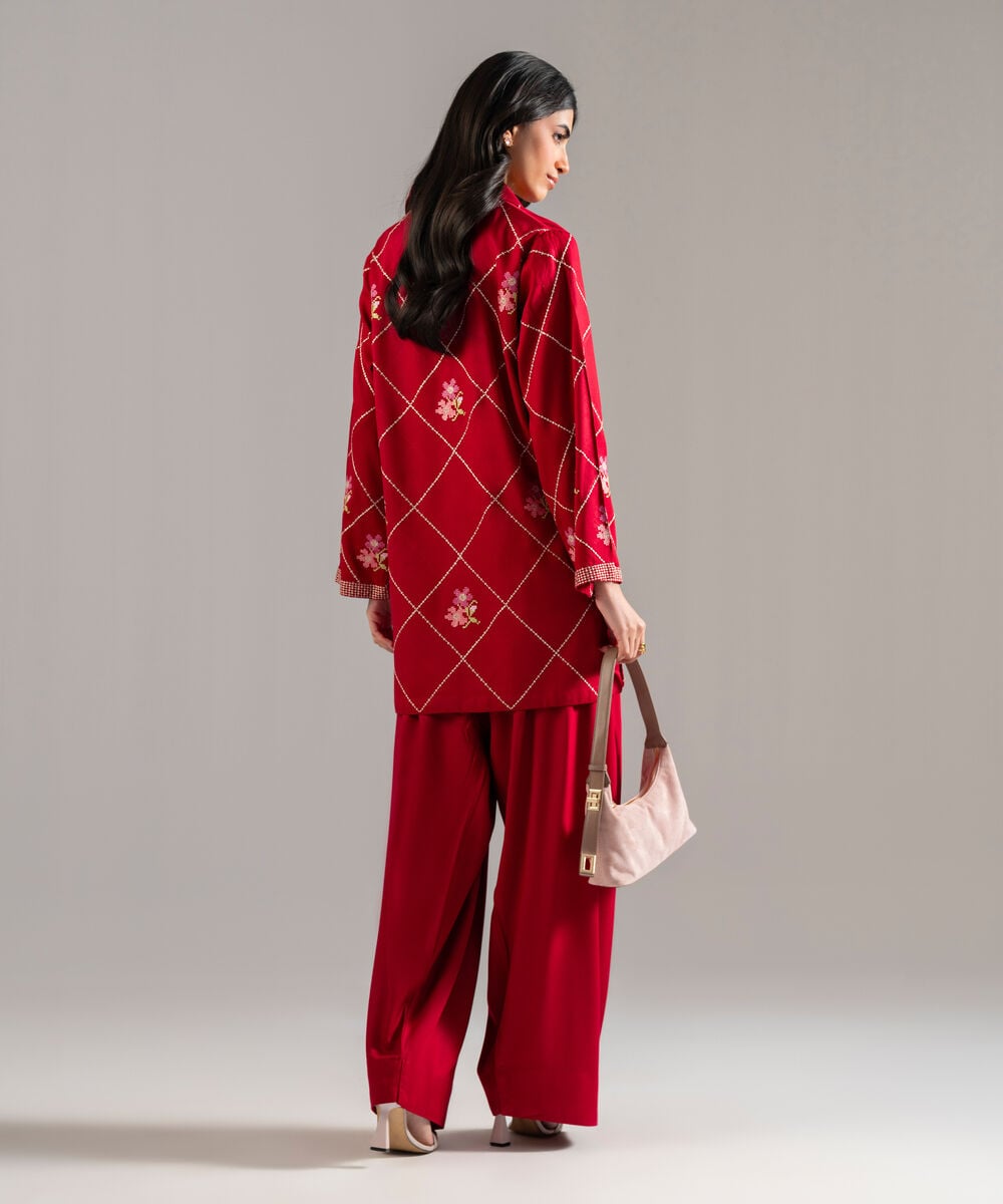 Women's RTW Bedford Solid Embroidered Red Straight Shirt