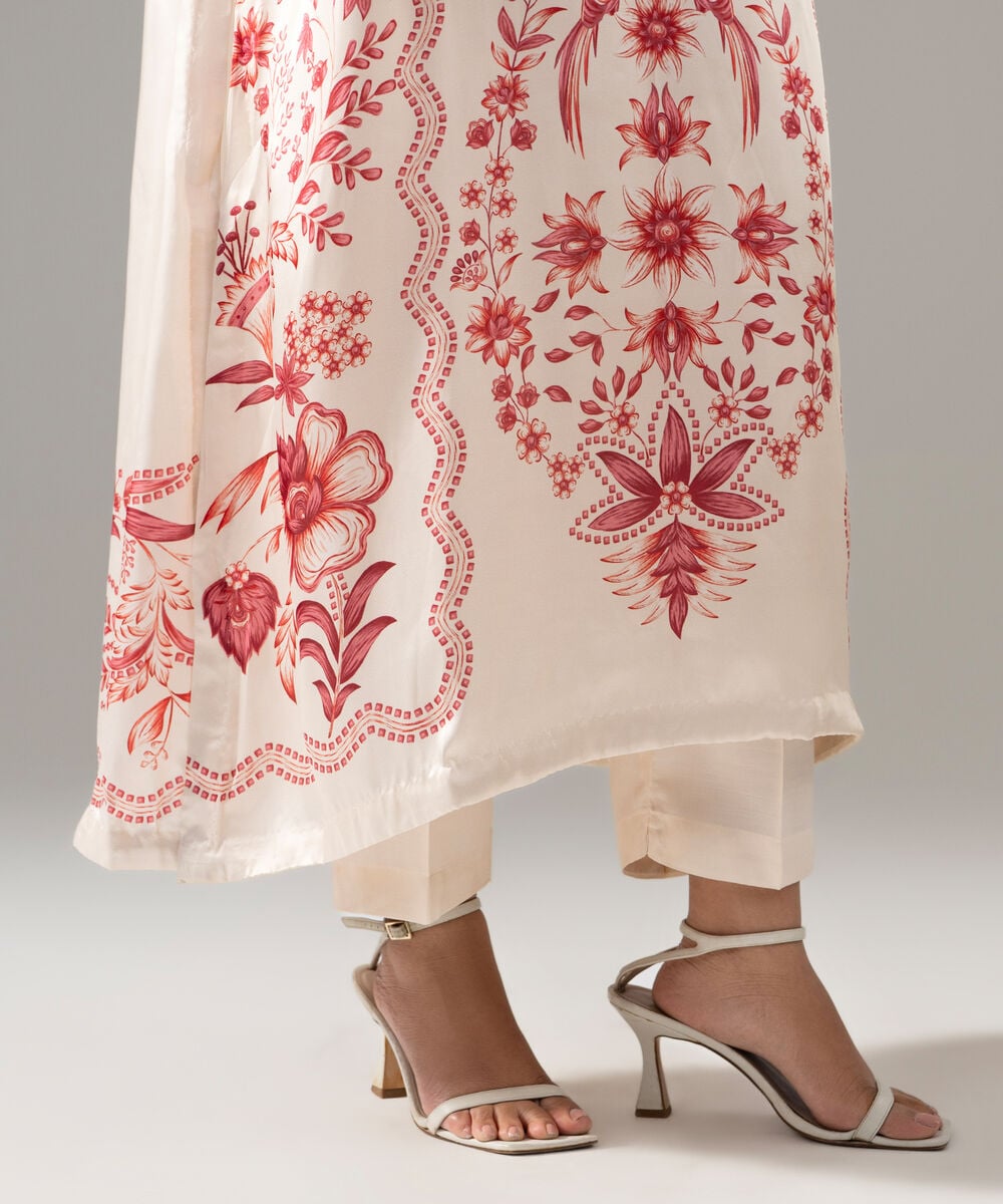 Women's RTW Viscose Raw Silk Printed Beige 2 Piece Suit