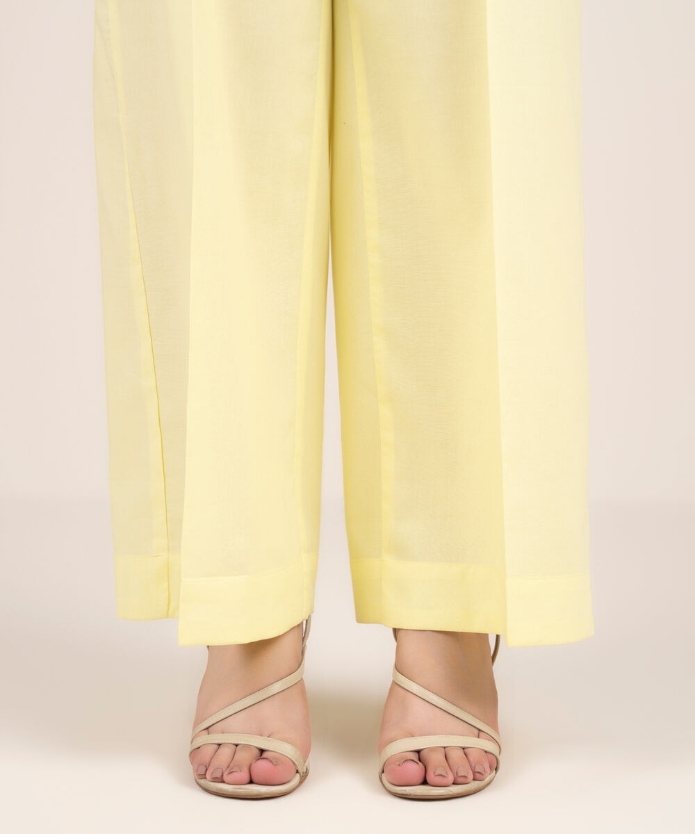 Women's RTW Cotton Viscose Solid Yellow Flared Pants