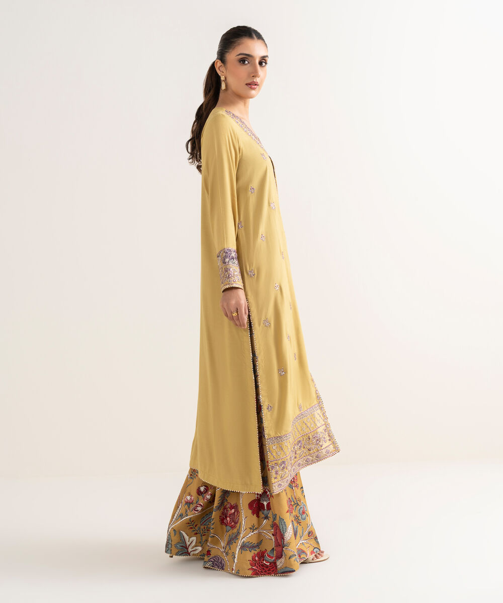 Women's RTW Viscose Raw Silk Yellow Embroidered A-Line Shirt