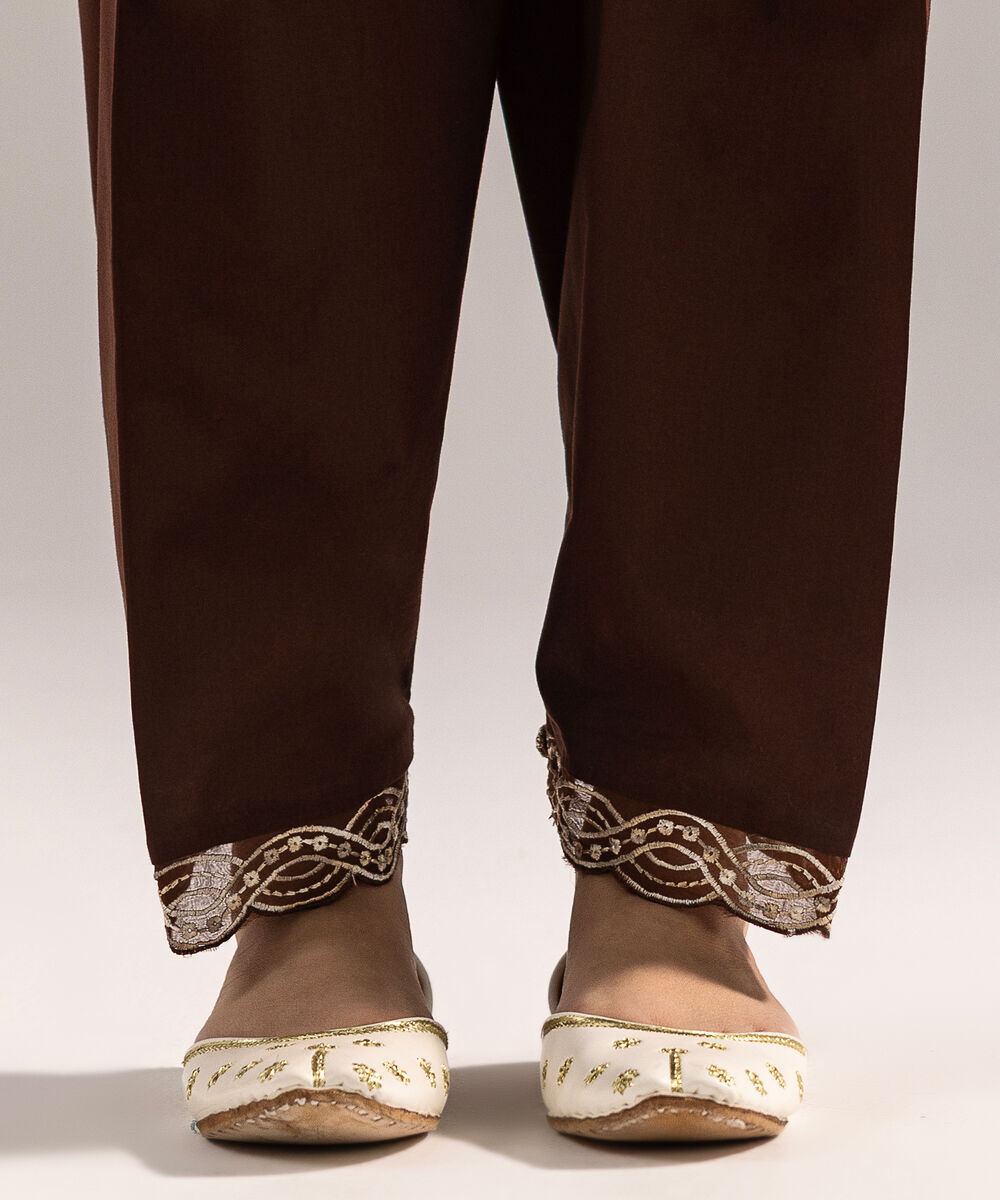 Women's RTW Cambric Embroidered Brown Shalwar