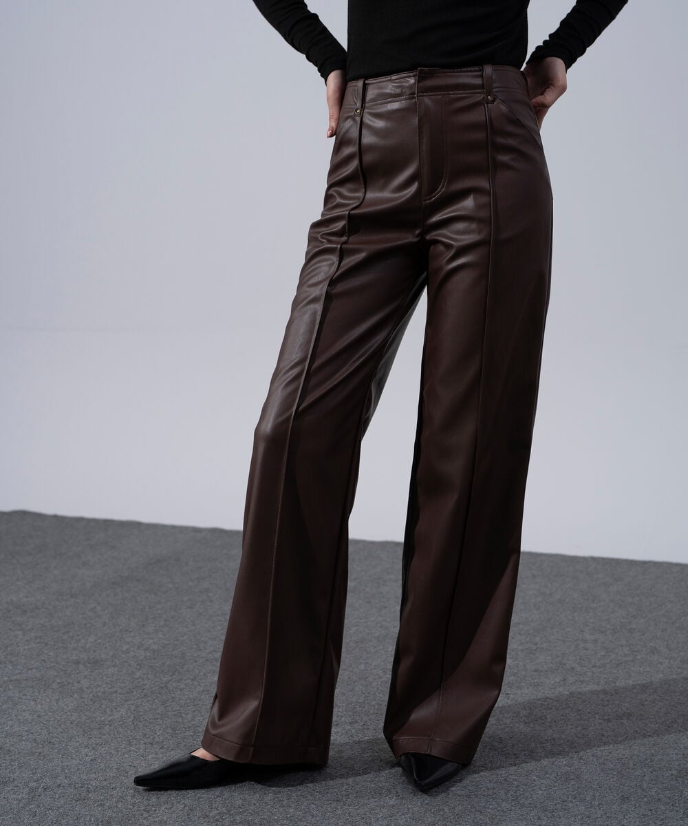 Women's Western Wear Brown Polyester Faux-Leather Straight Fit Trousers