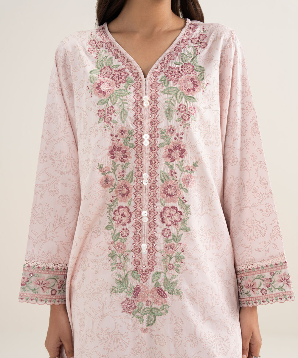 Women's RTW Premium Cotton Satin Embroidered Pink A-Line Shirt