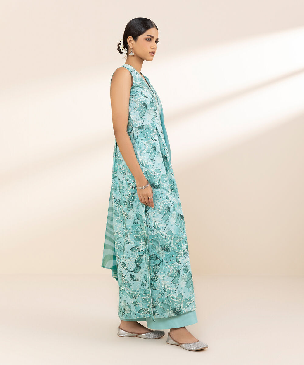 Women's Unstitched Lawn Printed Blue 3 Piece Suit