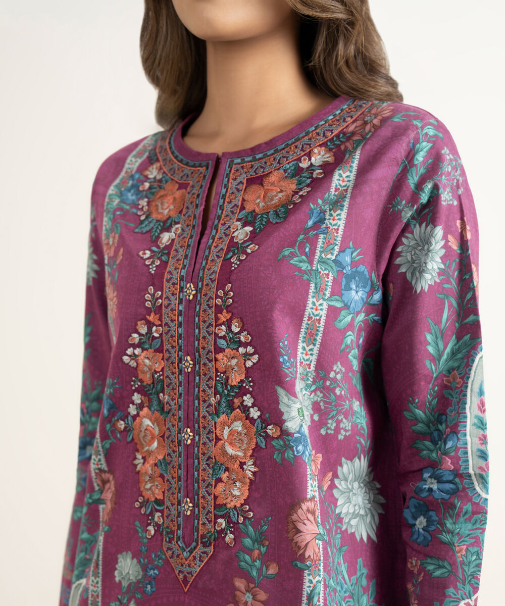 Women's Unstitched Lawn Embroidered Purple 3 Piece Suit