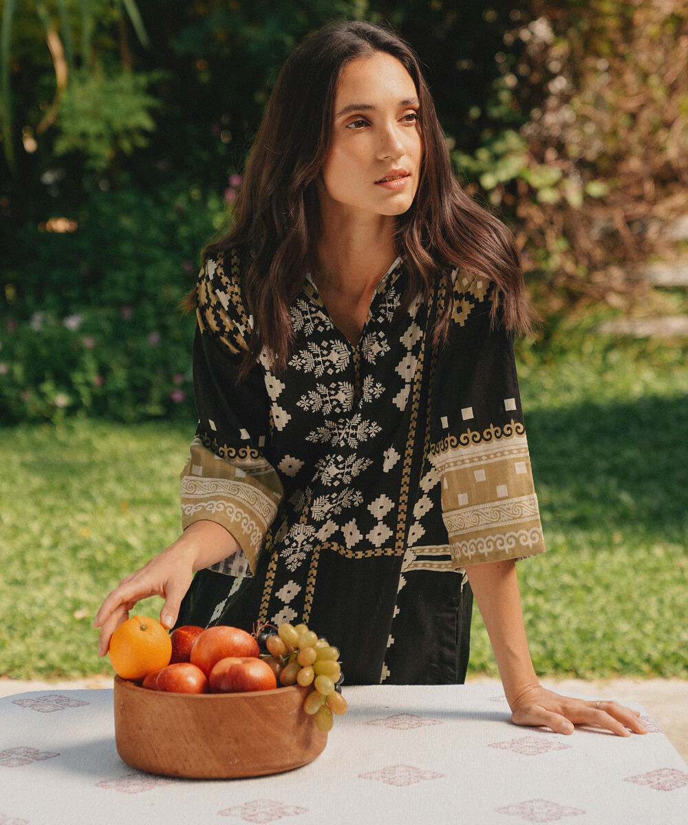 Women's RTW Textured Cotton Printed Black A-Line Shirt