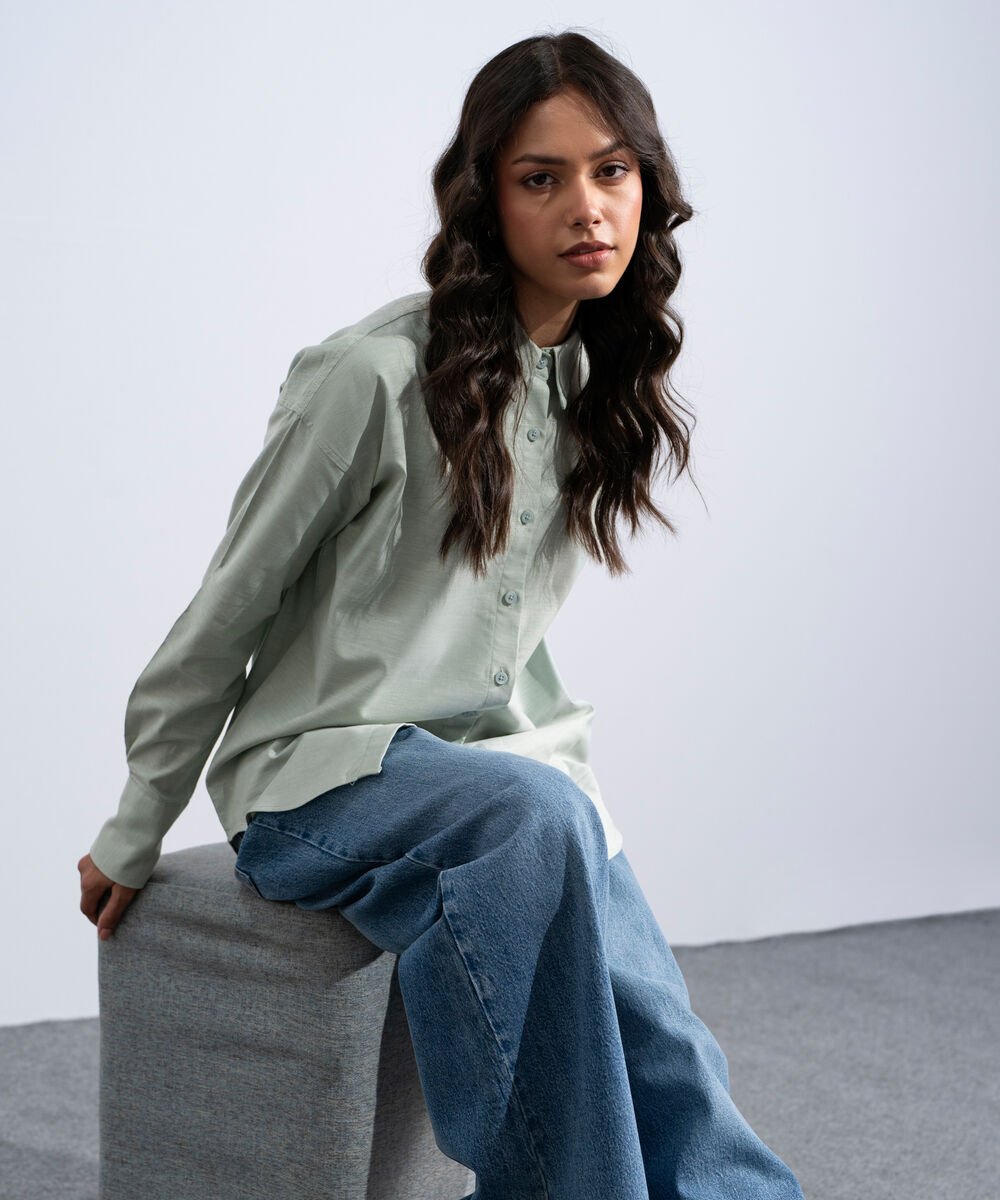 Women's Western Sage Green Button Through Oxford Shirt