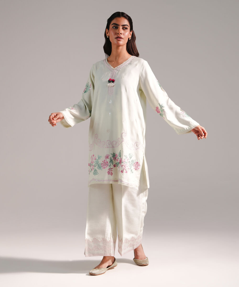 Women's RTW Viscose Raw Silk Embroidered Mint Green 2 Piece Suit