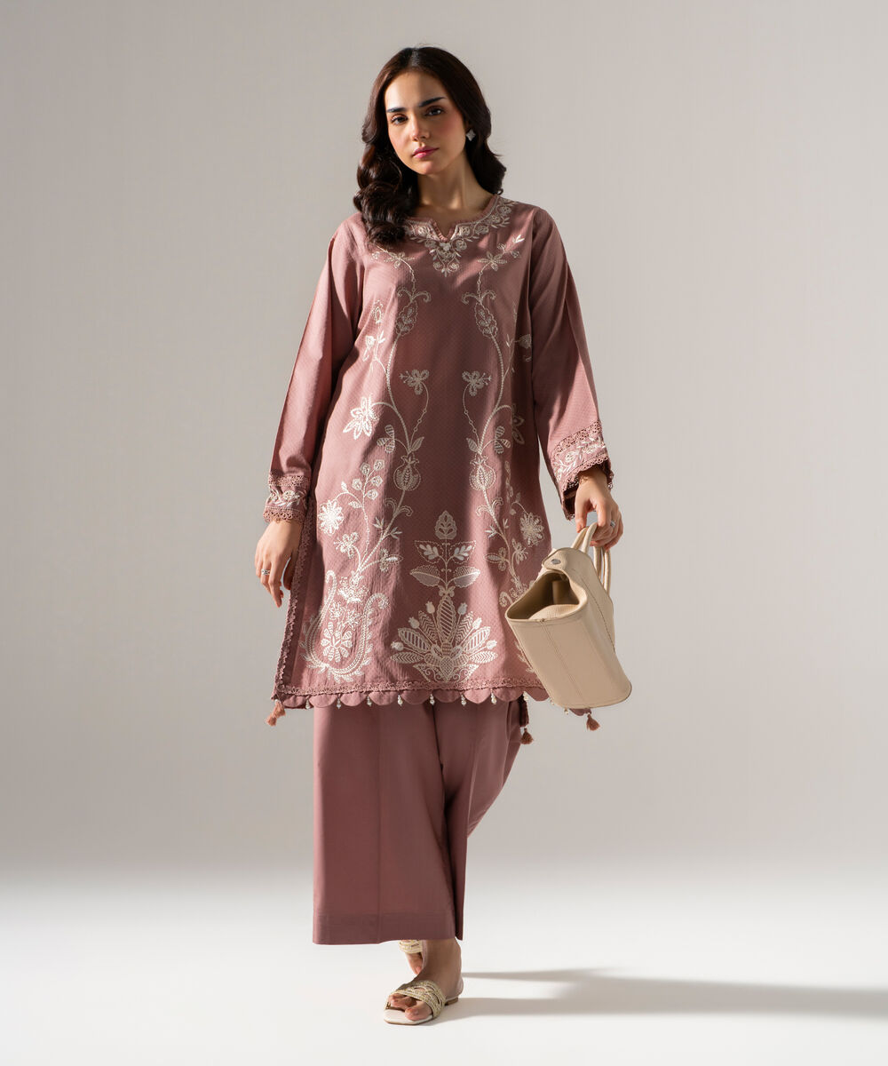 Women's RTW Dobby Solid Embroidered Muted Pink Straight Shirt