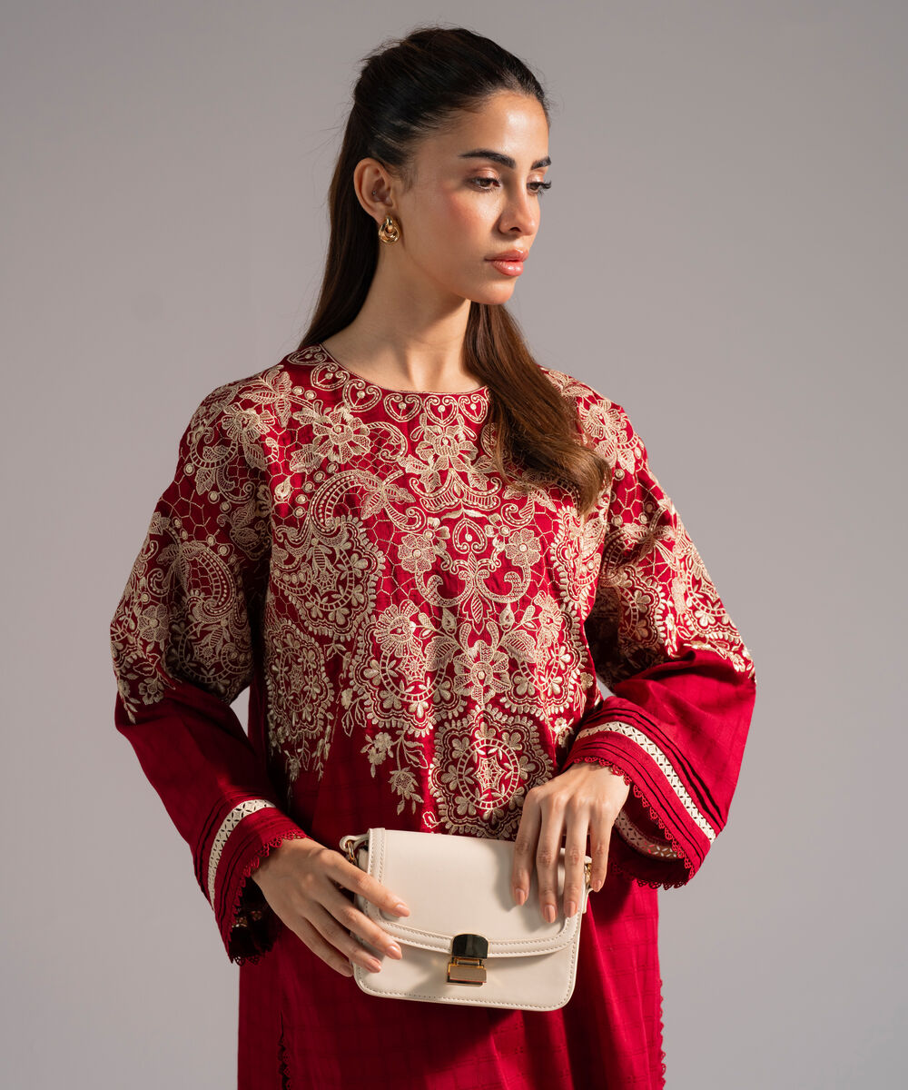 Women's RTW Dobby Embroidered Straight Red Shirt
