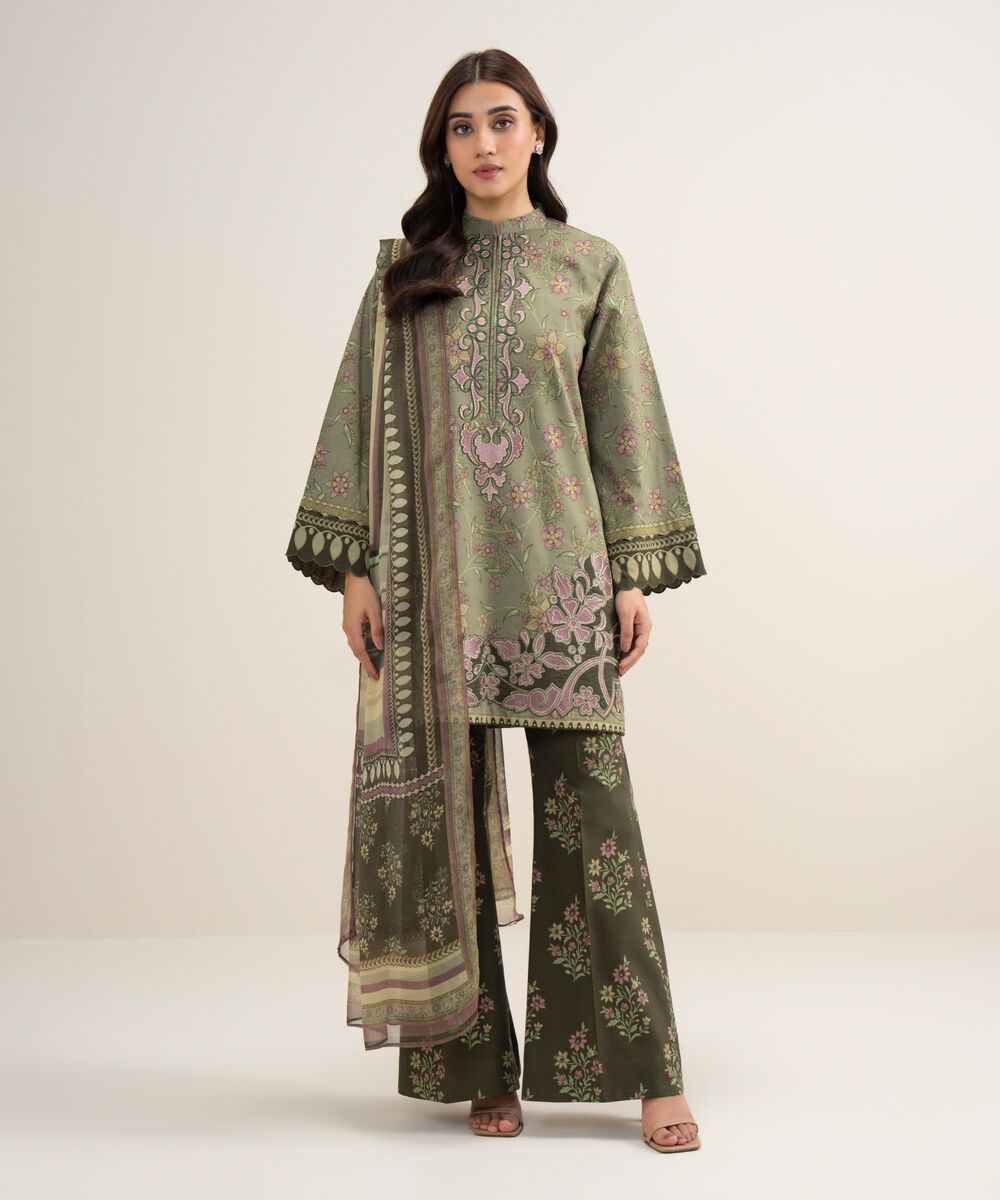 Women's Unstitched Lawn Embroidered Moss Green 3 Piece Suit
