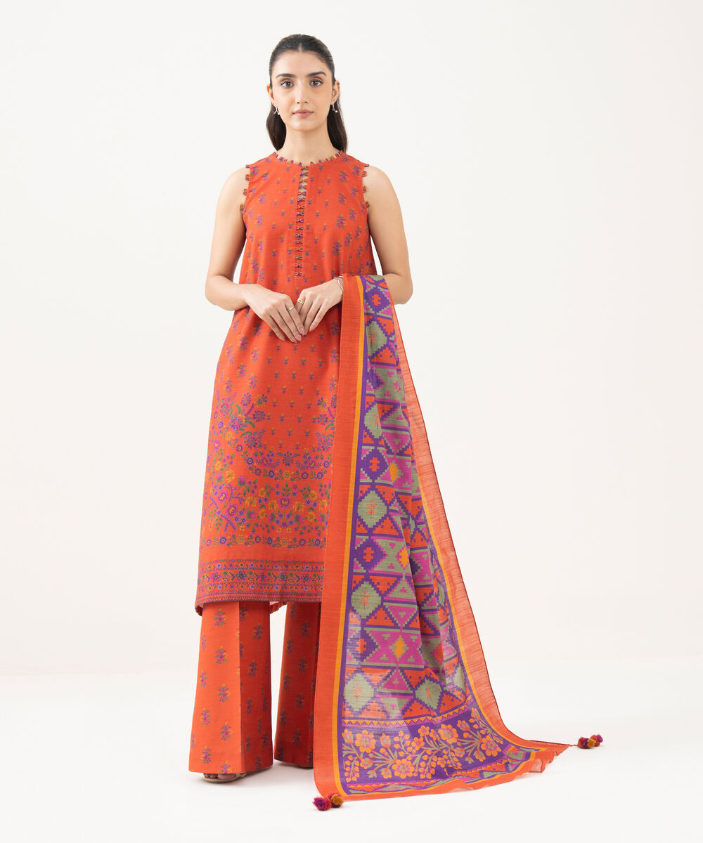 Women's Unstitched Khaddar Printed Orange   3 Piece Suit