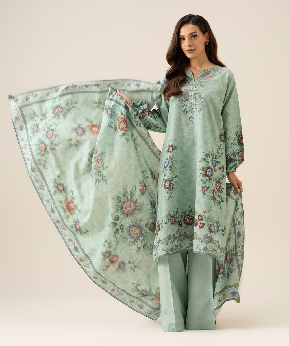 Women's Unstitched Light Khaddar Embroidered Light Mint Green 3 Piece Suit