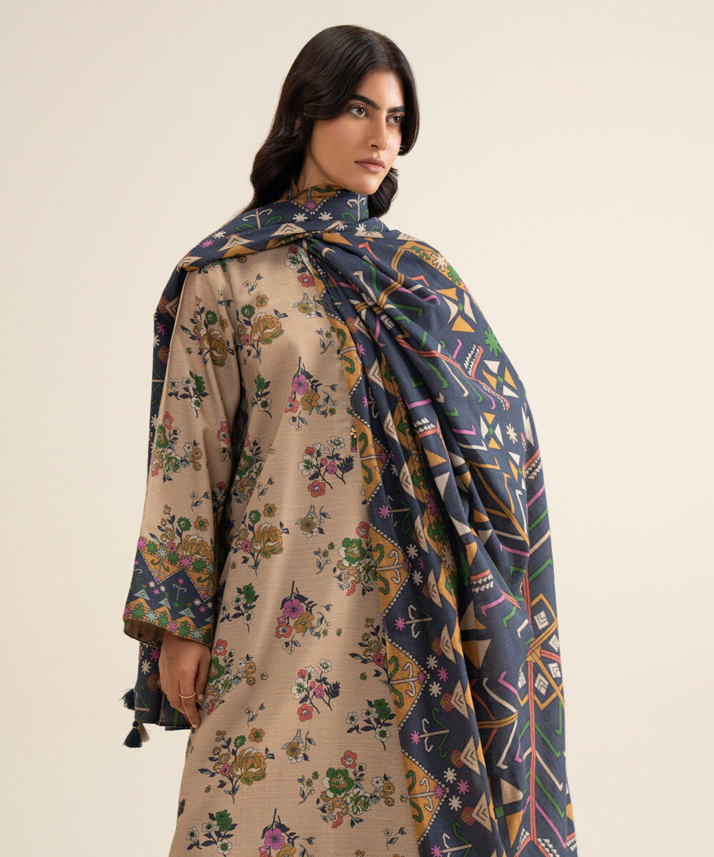 Women's Unstitched Lawn Printed Beige 3 Piece Suit