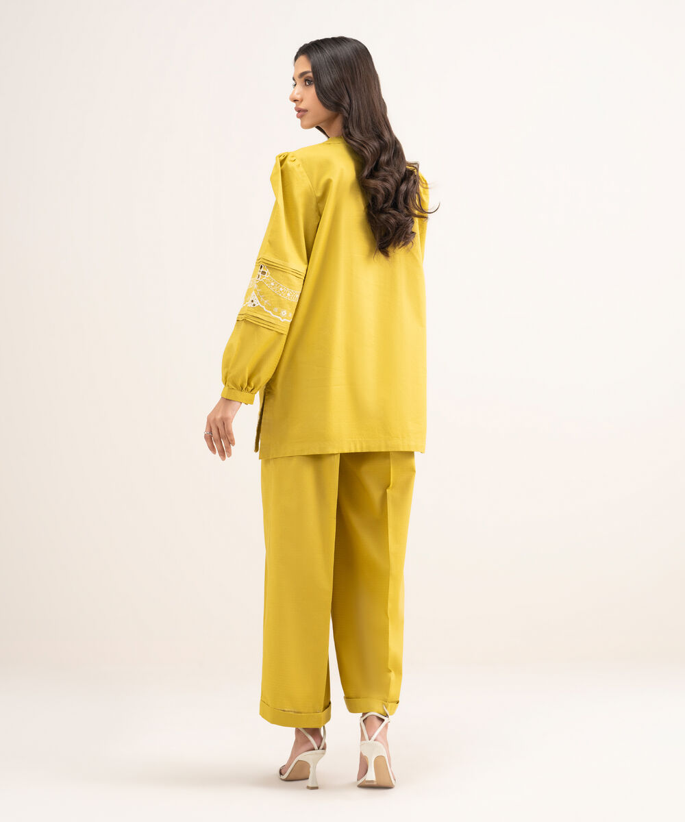 Women's RTW Dobby Embroidered Yellow Straight Shirt