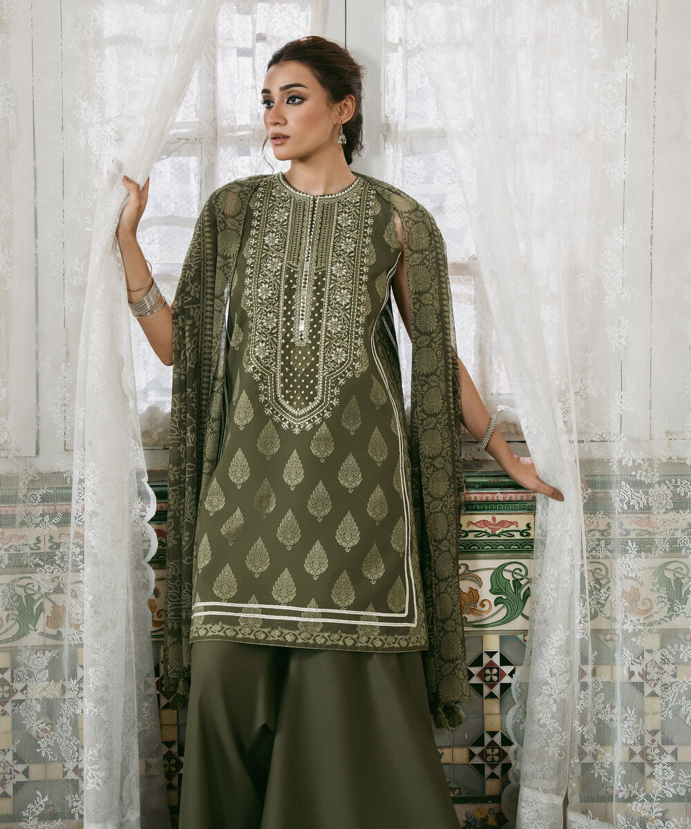 Women's Unstitched Cotton Embroidered Green