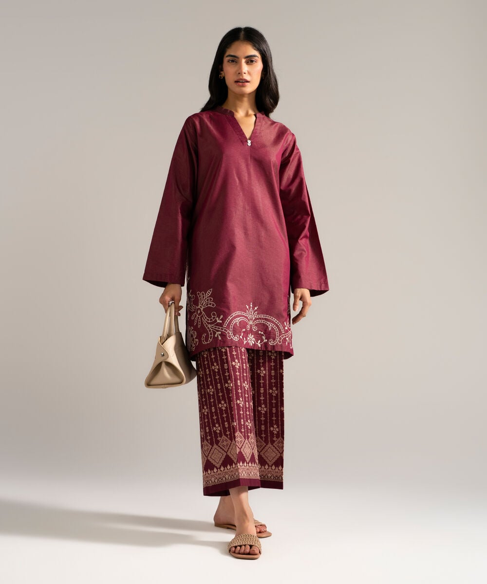 Women's RTW Zari Lawn Embroidered Red 2 Piece Suit