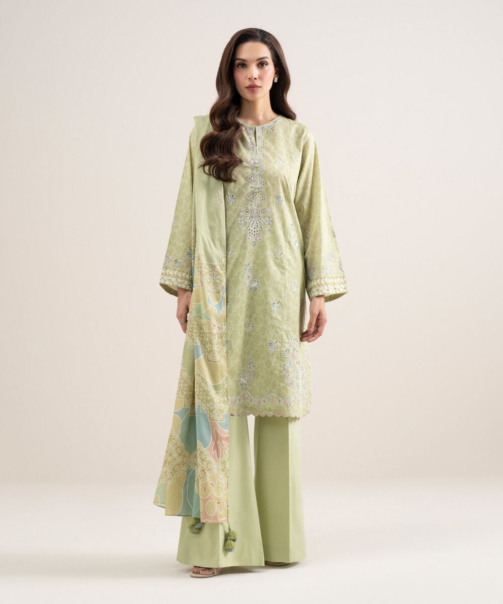 Women's Unstitched Lawn Embroidered Lime Green 3 Piece Suit
