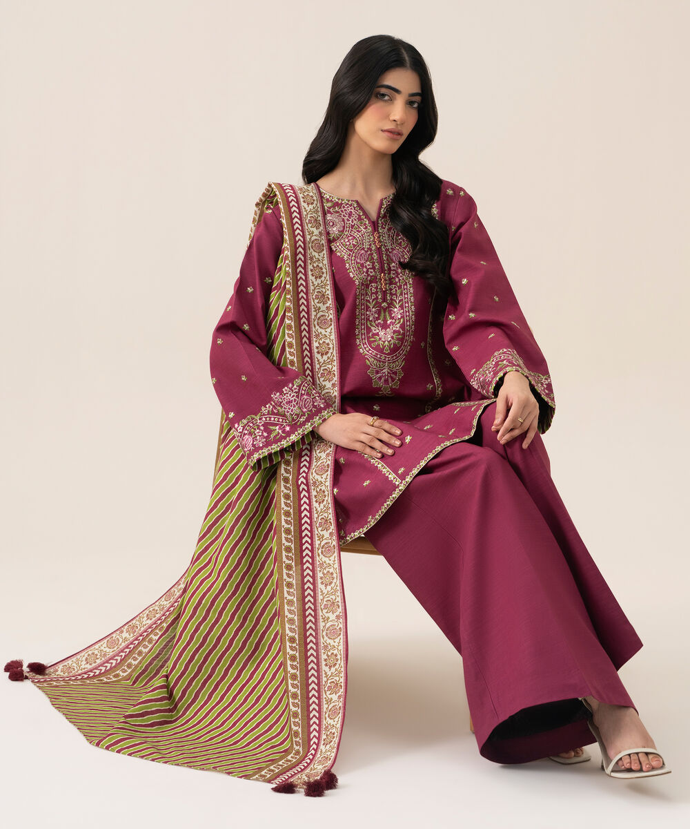 Women's Unstitched Basic Khaddar Embroidered Pink 3 Piece Suit