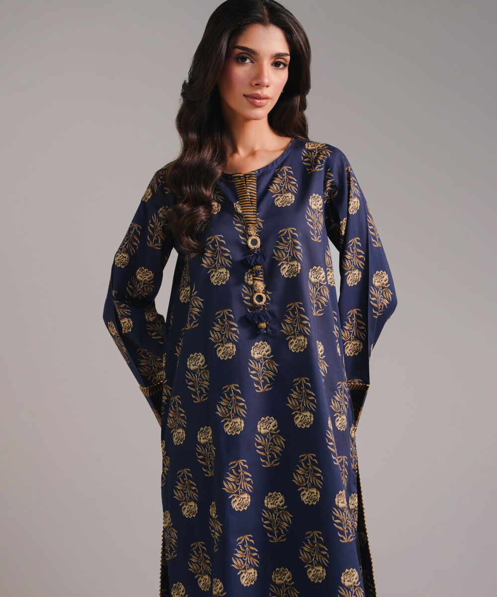 Women's RTW Textured Cotton Printed Dark Blue Straight Shirt