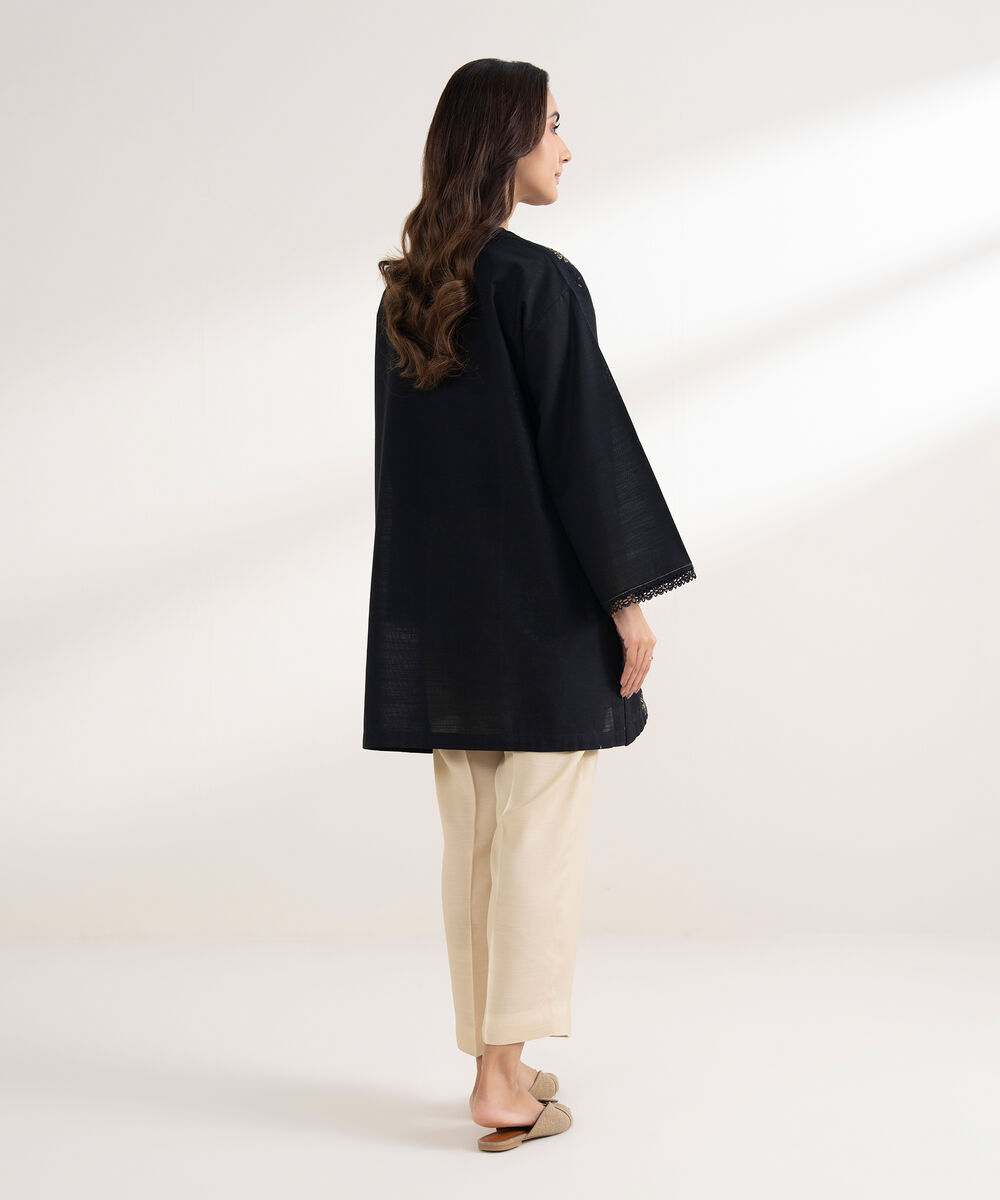 Women's RTW Cotton Embroidered Straight Black Shirt