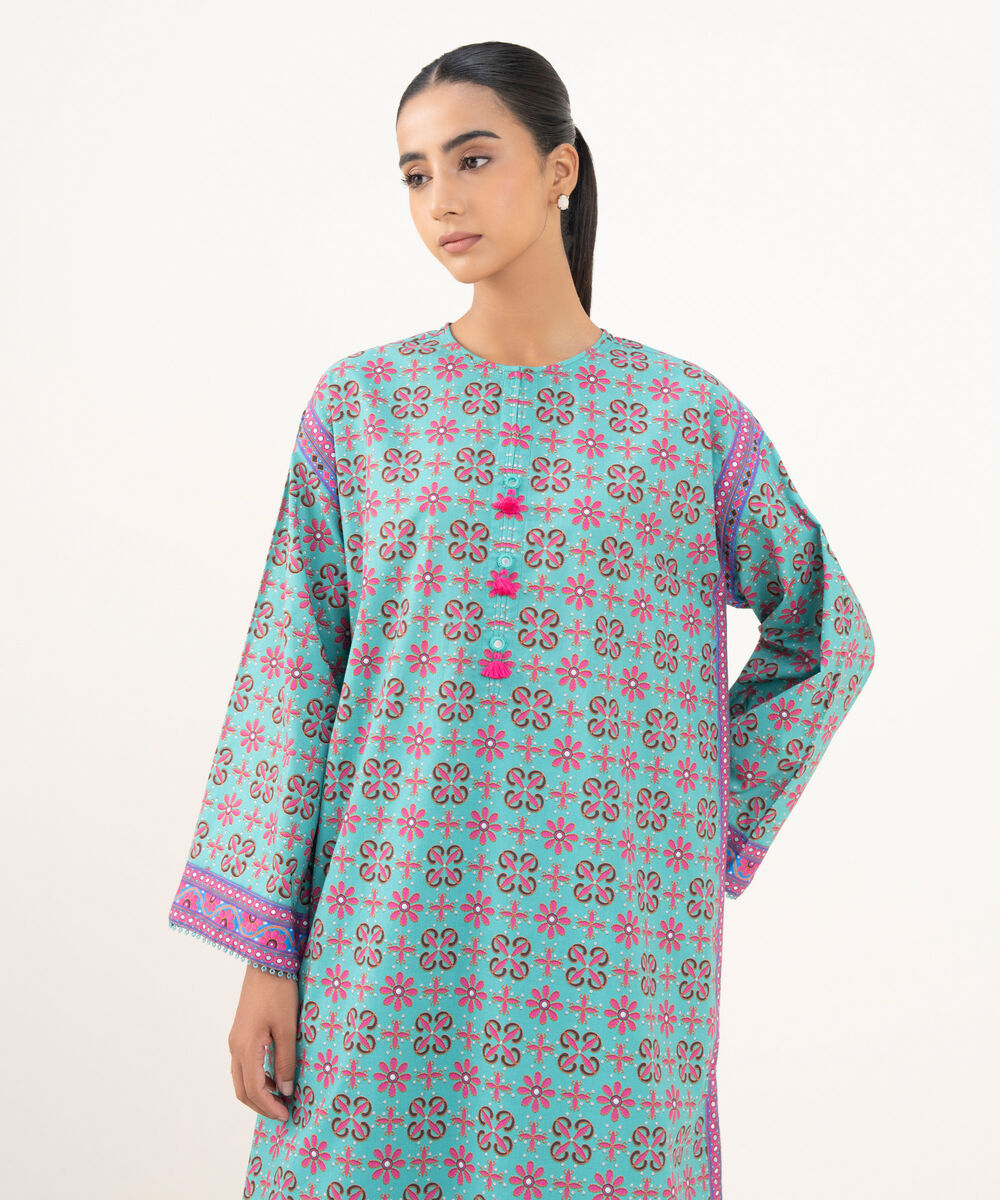 Women's RTW Cambric Teal Printed A-Line Shirt