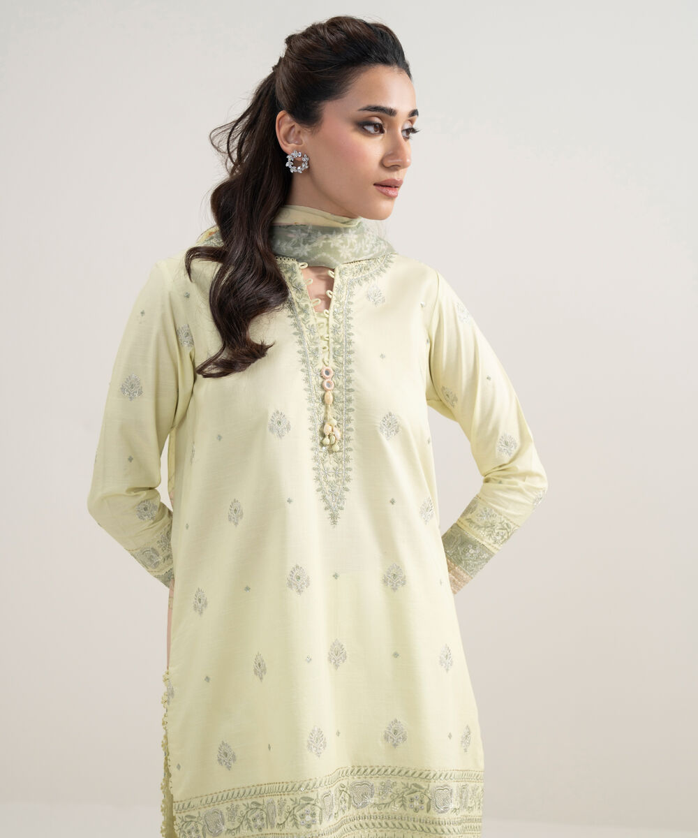 Women's Unstitched Lawn Embroidered Yellow 3 Piece Suit