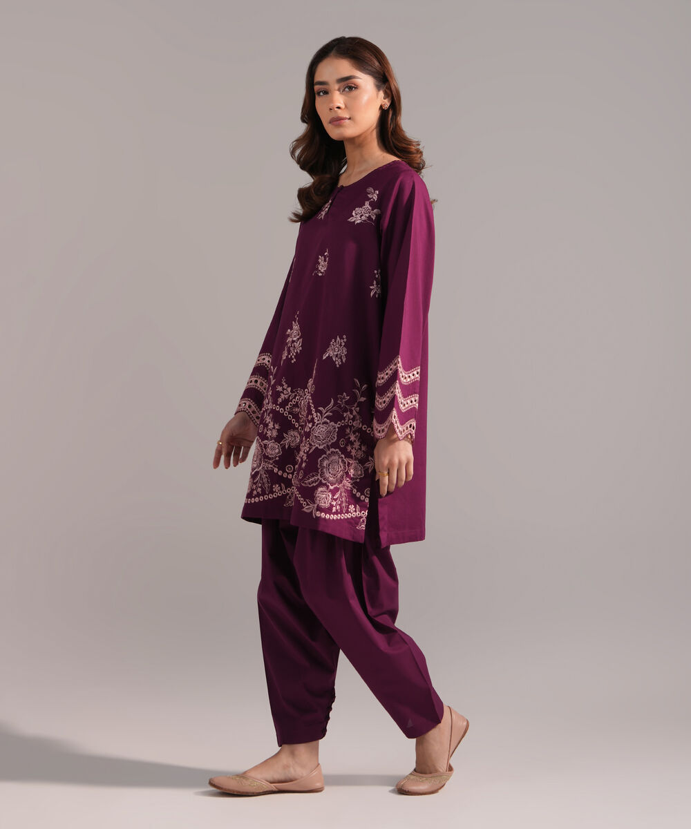 Women's RTW Crosshatch Embroidered Purple Straight Shirt