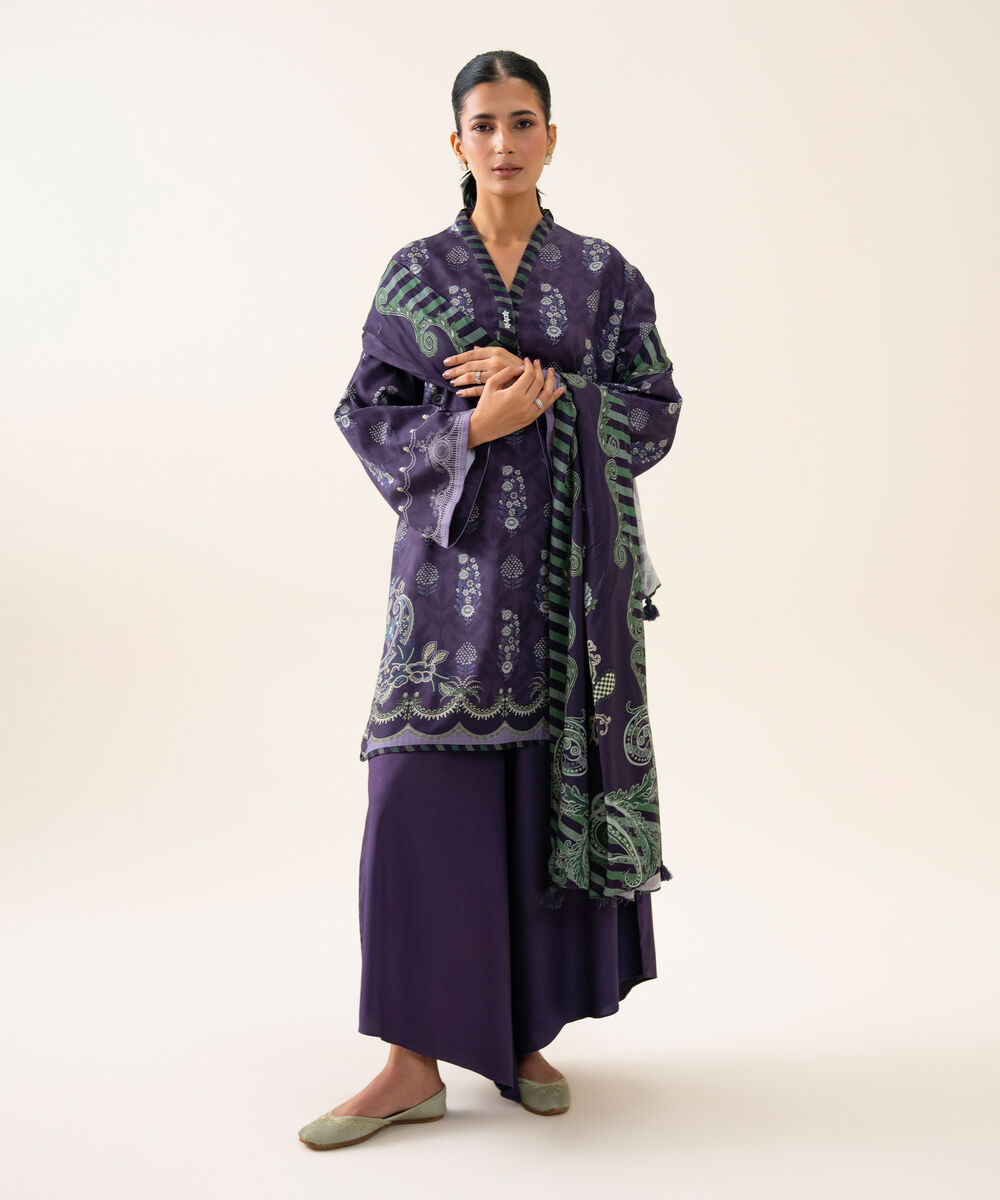 Women's Unstitched Viscose Linen Printed Blue 3 Piece Suit
