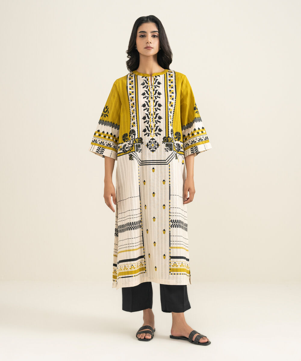 Women's RTW Textured Cotton Printed Mustard Yellow A-Line Shirt