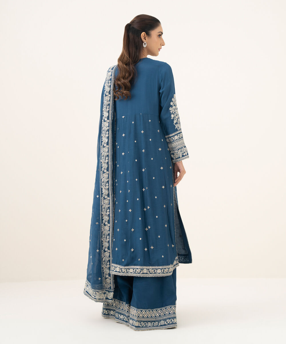 Women's RTW Raw Silk Embroidered Blue 3 Piece Suit