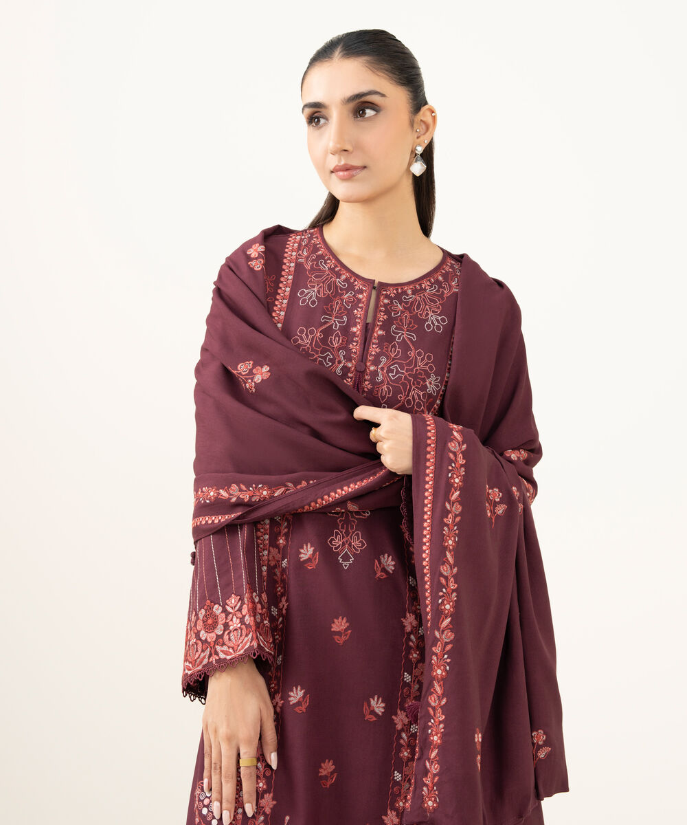 Women's Unstitched Embroidered Linen Maroon 3 Piece Suit