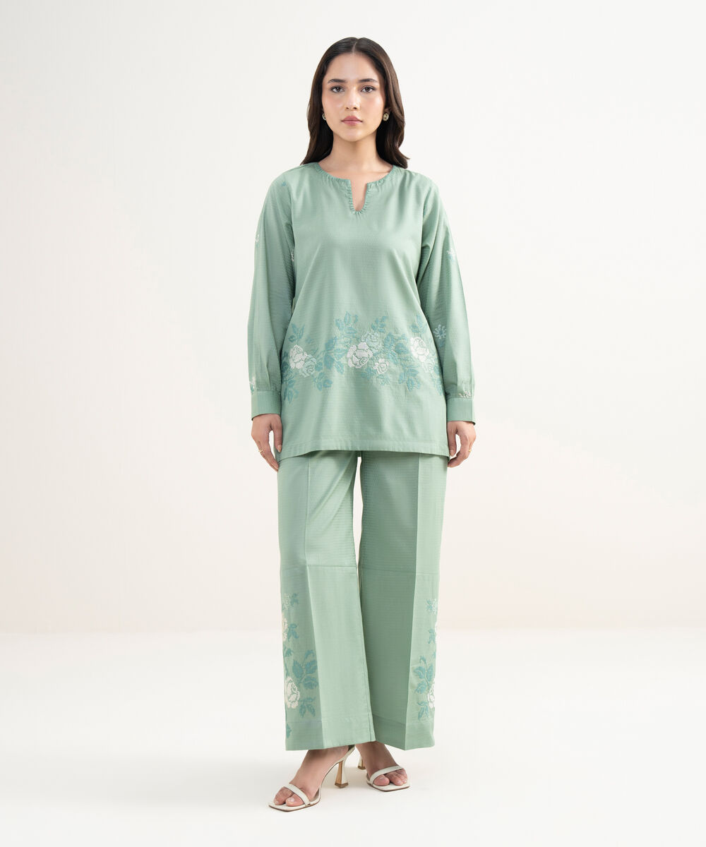 Women's RTW Dobby Embroidered Green Straight Shirt