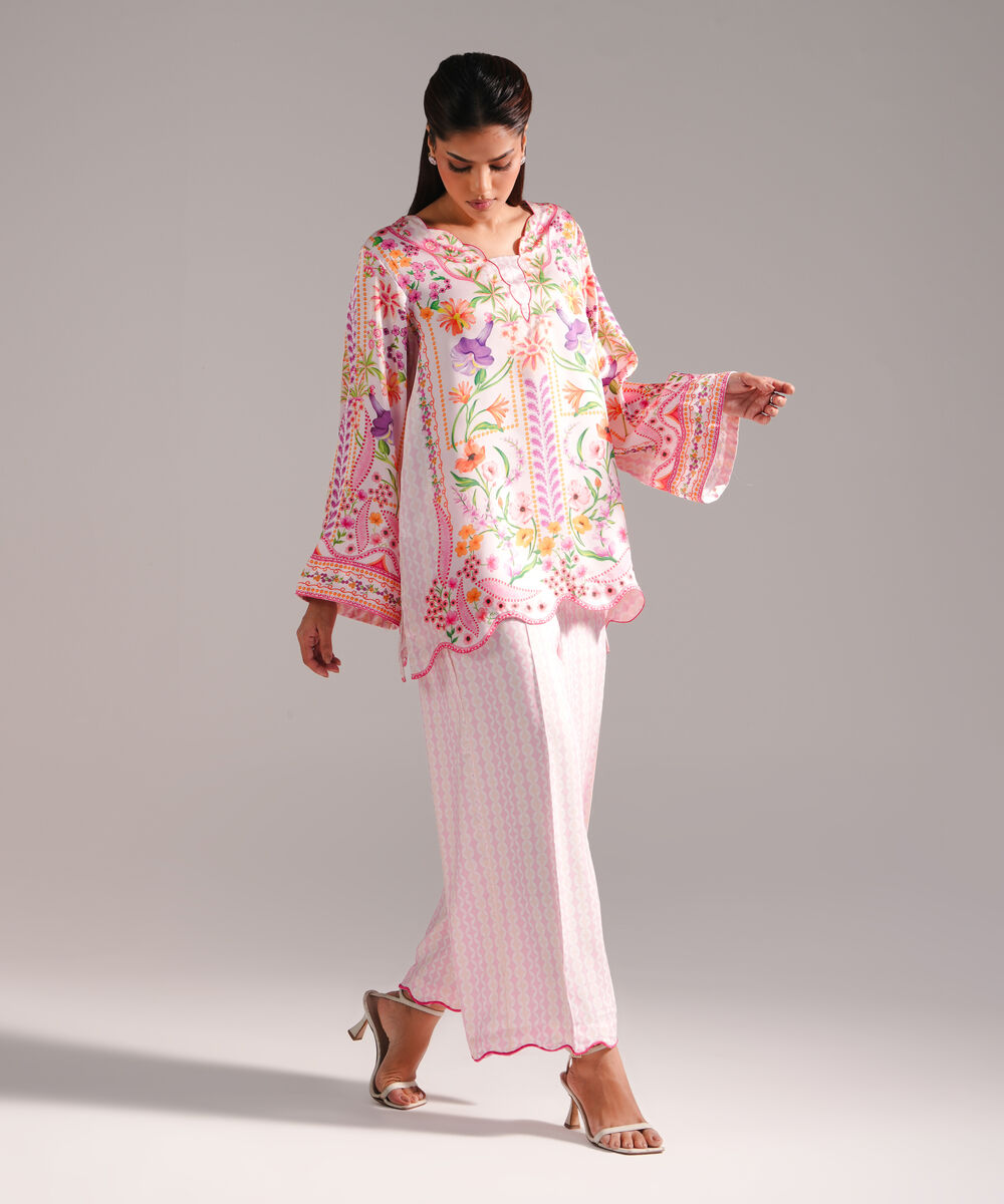 Women's RTW Blended Satin Printed Pink 2 Piece Suit