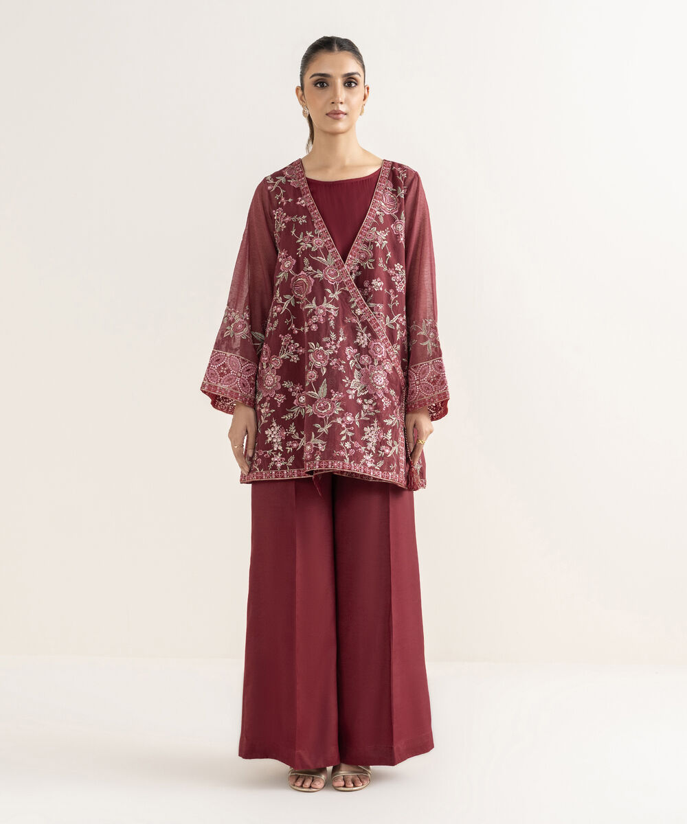 Women's RTW Blended Textured Karandi Embroidered Red 2 Piece Suit