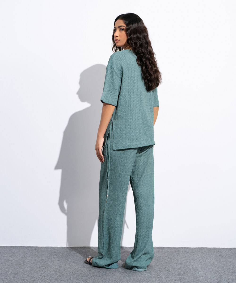 Women's Teal Green Loose Fit Textured T-Shirt
