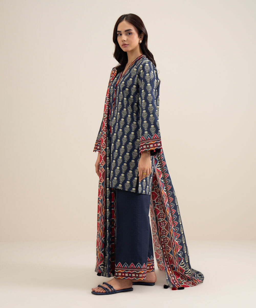 Women's Unstitched Lawn Printed Navy Blue 3 Piece Suit