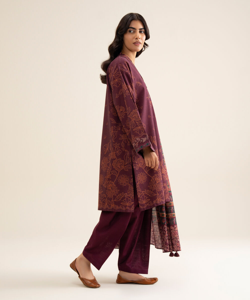 Women's Unstitched Premium Khaddar Printed Maroon 3 Piece Suit