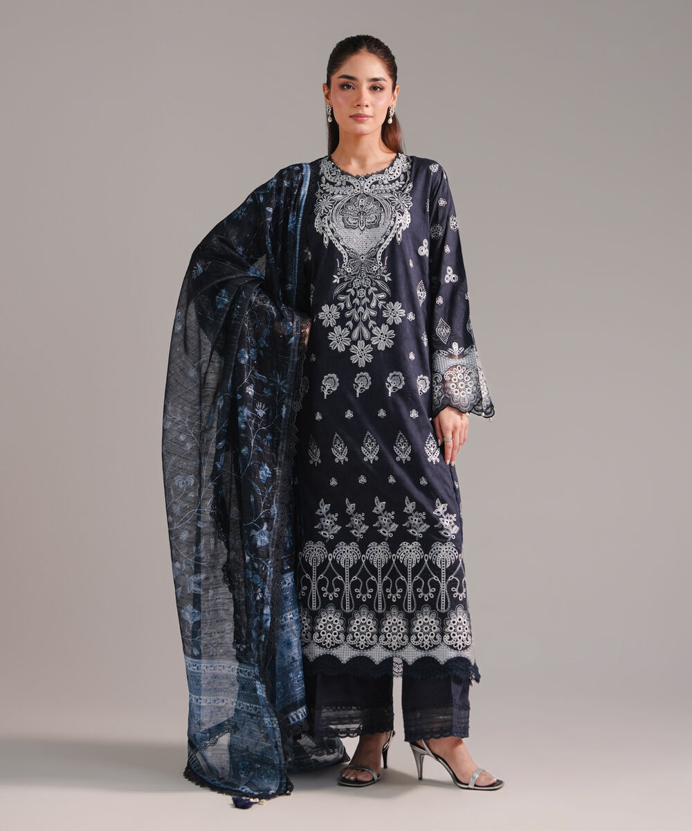 Women's RTW Self Jacquard Embroidered Dark Blue 3 Piece Suit