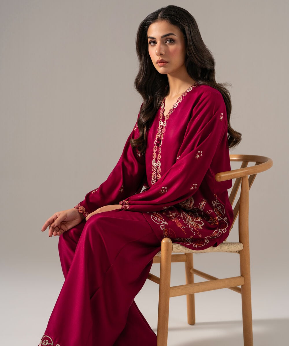 Women's RTW Bedford Solid Embroidered Plum Straight Shirt