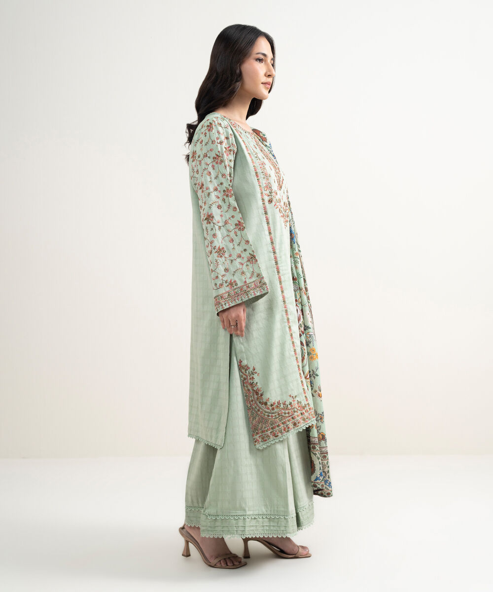 Women's RTW Dobby Embroidered Green 3 Piece Suit