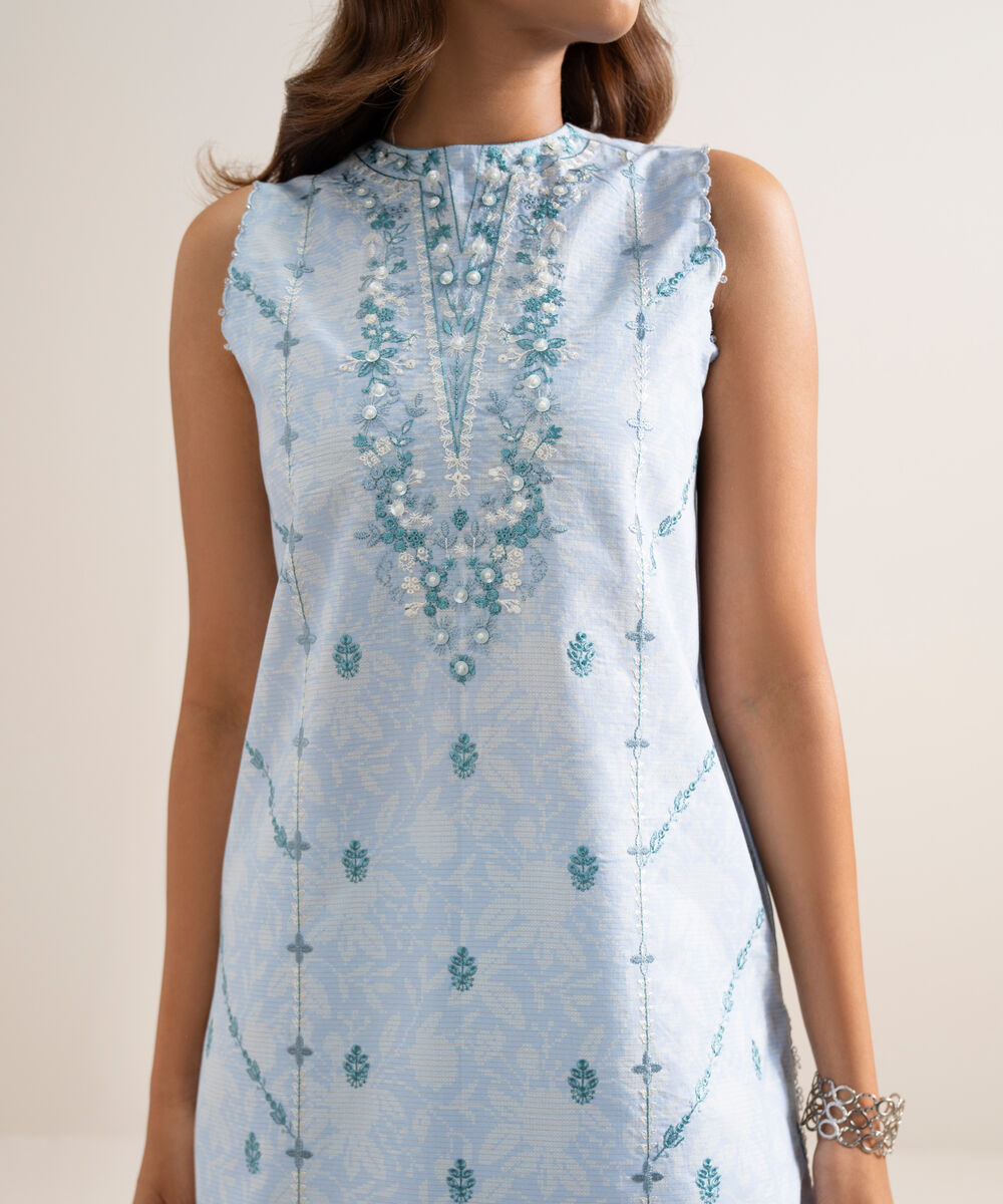 Women's Unstitched Zari Cotton Embroidered Blue 3 Piece Suit