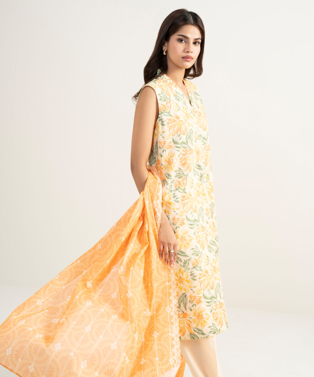 Women's RTW Cambric Printed Orange 3 Piece Suit