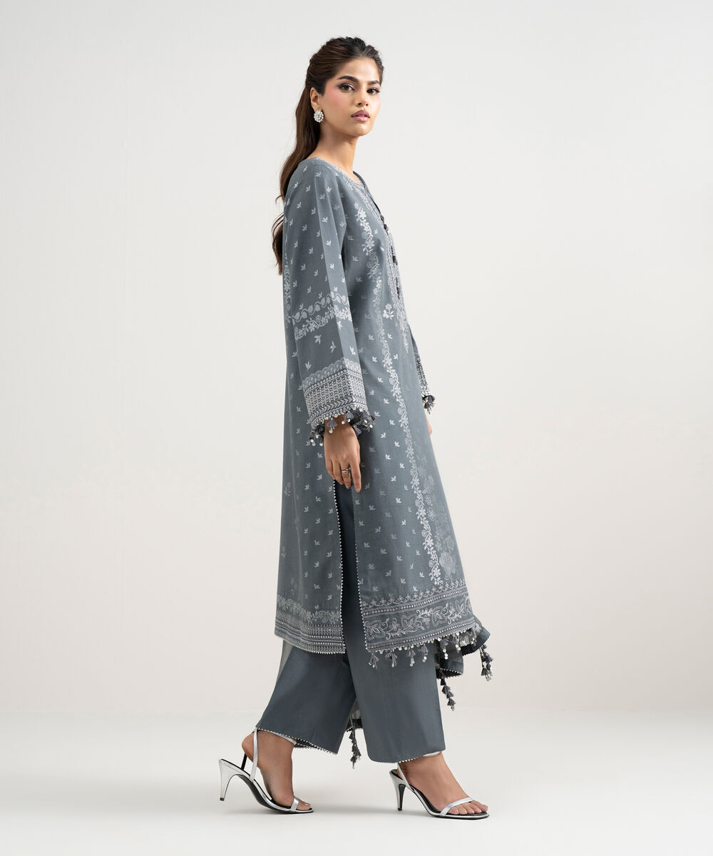 Women's Unstitched Extra Weft Jacquard Embroidered Grey 3 Piece Suit