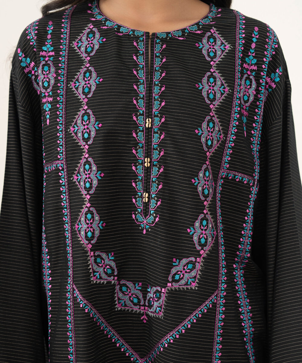 Women's RTW Light Khaddar Embroidered A-Line Black Shirt