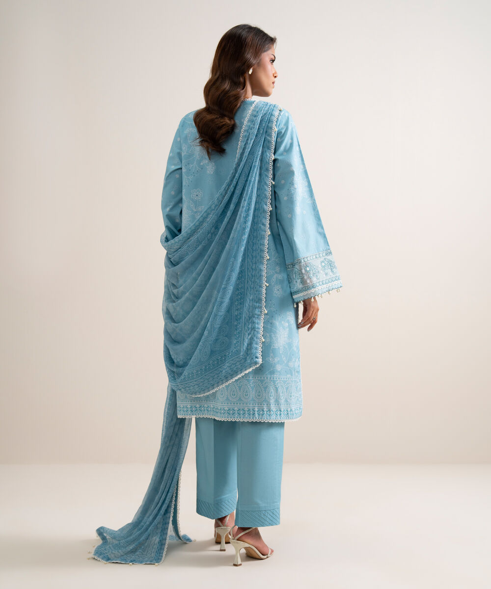 Women's Unstitched Lawn Embroidered Blue 3 Piece Suit