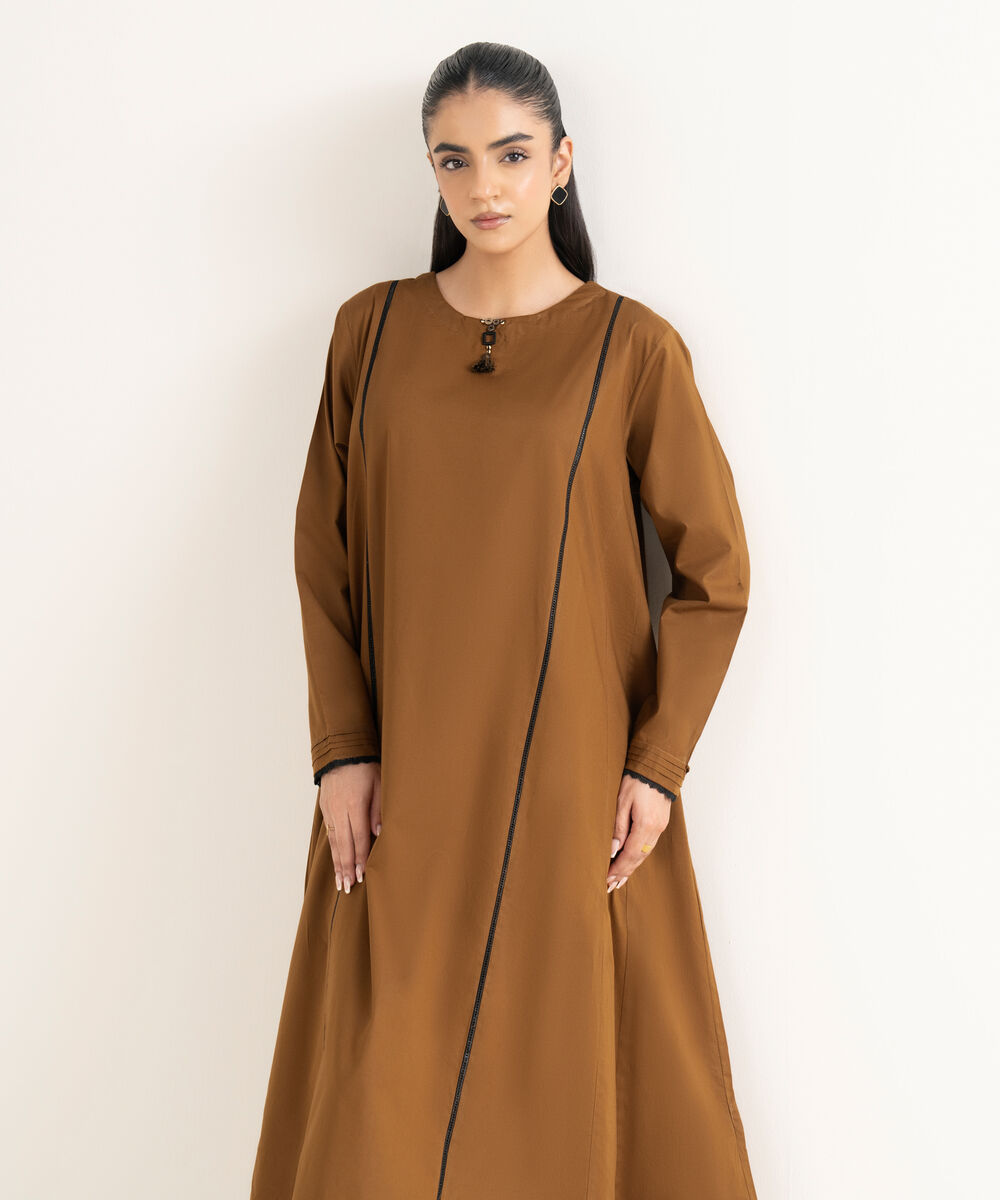 Women's RTW Cambric Solid A-Line Brown Shirt