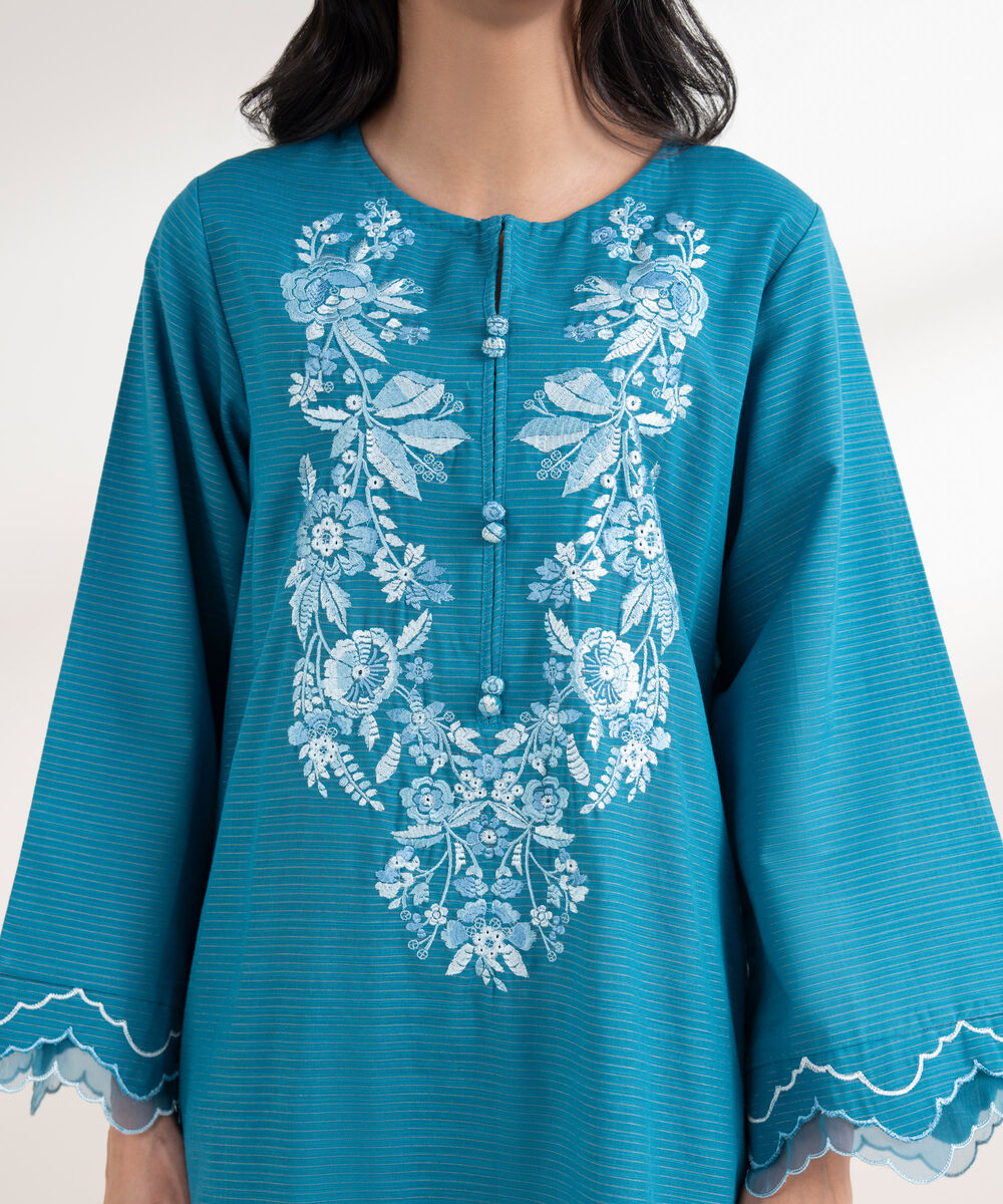 Women's RTW Zari Khaddar Embroidered Blue Straight Shirt