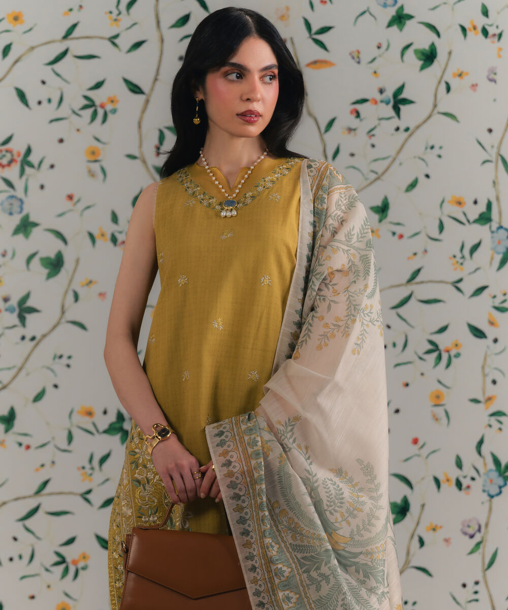 Women's Unstitched Dobby Embroidered Yellow 3 Piece Suit