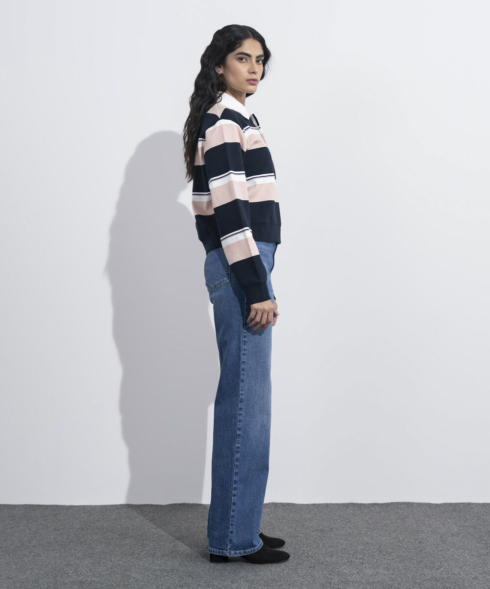 Women's Western Wear Multi Striped Polo Neck Sweatshirt